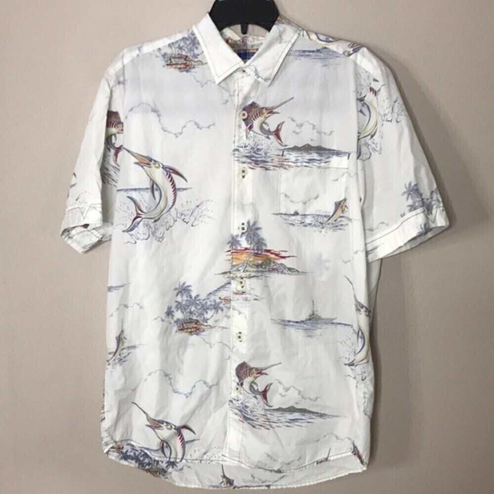 Tommy bahama 100% cotton button up short sleeve shirt with swordfish size M‌‌‌